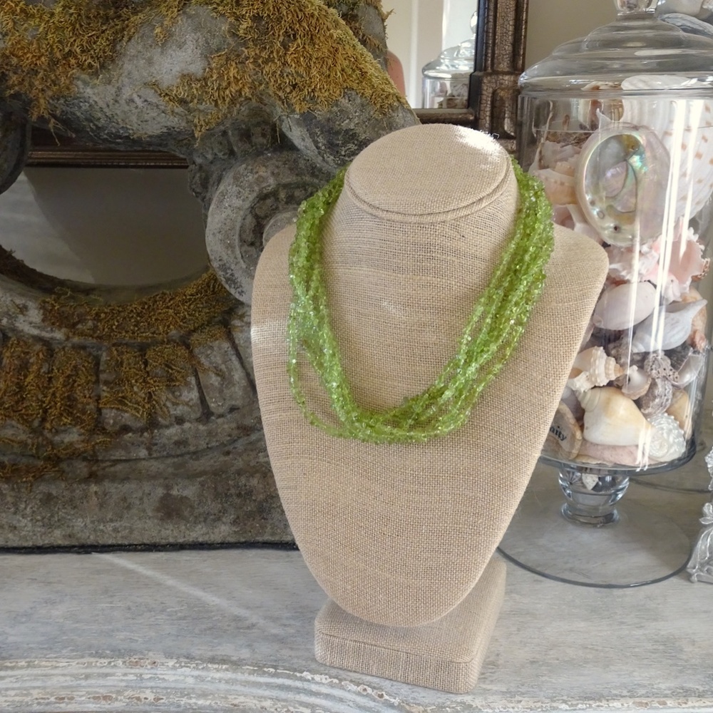 Peridot Chip Bead 6 Strand Toggle Necklace Green August Birthstone Boho Jewelry